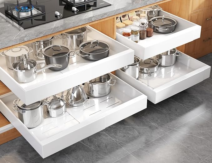 Seinloes 4 Pack Expandable (15.1"-26.3") Pull Out Cabinet Organizer 21" Deep With Raising Pad for Framed Cabinets,Upgrade 3 Slide Rails Slide Out Drawers,No Drill Roll Out Shelves Adhesive,White by Seinloes