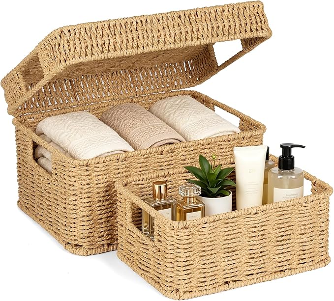 Wicker Storage Basket with Lid for Shelves, Set of 2, Natural | One rectangular wicker basket with lid and one open basket for decorative shelf storage; removable lid flips into a tray. by GANLUX