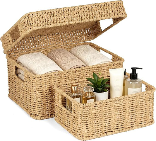 Wicker Storage Basket with Lid for Shelves, Set of 2, Natural | One rectangular wicker basket with lid and one open basket for decorative shelf storage; removable lid flips into a tray. by GANLUX