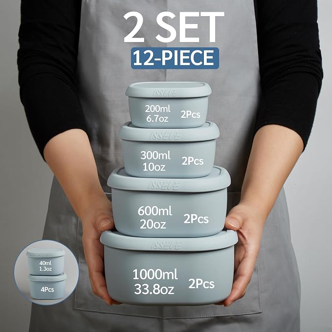 ISSEVE 12Pcs/Set Nesting Silicone Food Storage Containers with Lids | BPA-free, Reusable, Meal Prep Containers, Small Freezer Portions, Dishwasher Cleaning, Nested Cabinet Storage, 5 Sizes, Grey - Image 2