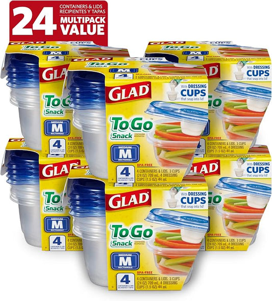 Glad GladWare To-Go Medium Rectangle Snack Containers, 24 Oz, 4 Count, 6-Pk | BPA-free plastic, tight seal, microwave and dishwasher safe, meal prep and lunches by GladTrashFoodStorage
