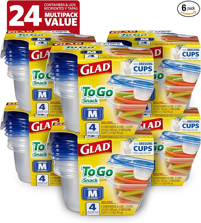 Glad GladWare To-Go Medium Rectangle Snack Containers, 24 Oz, 4 Count, 6-Pk | BPA-free plastic, tight seal, microwave and dishwasher safe, meal prep and lunches by GladTrashFoodStorage