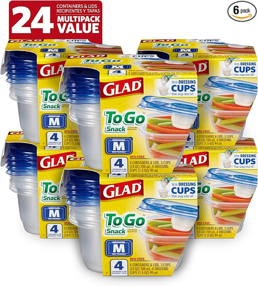 Glad GladWare To-Go Medium Rectangle Snack Containers, 24 Oz, 4 Count, 6-Pk | BPA-free plastic, tight seal, microwave and dishwasher safe, meal prep and lunches by GladTrashFoodStorage