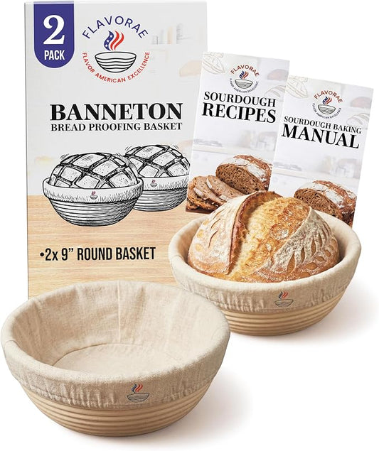 Banneton Bread Proofing Basket with Liners - Natural Rattan Dough Riser, Sourdough Bread Basket, Artisan Bread Loaves, Homemade Bread Making - 2 Pack 9 " Round Basket by Flavorae