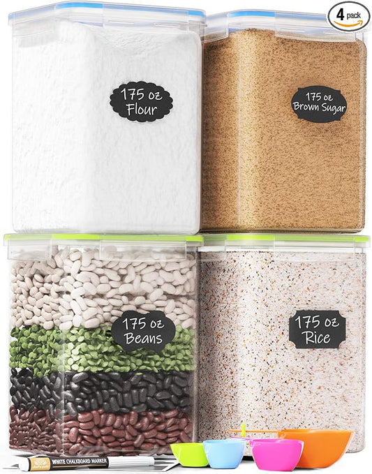 Chef's Path Kitchen Storage Box Set of 4 Extra Large Airtight Food Storage Jars for Sugar Flour Cereal Rice - Measuring Spoons, Pen and Food Preservation Labels (5.2 L) by ChefsPath