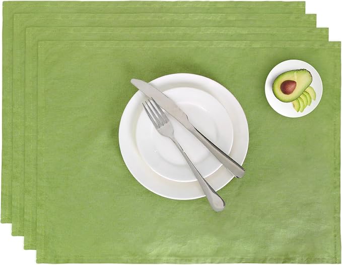 Linen Placemats 14x19Inch Set of 4,100% Linen Placemats Natural Rustic Tablemats for Easter,Mother's Day,Summer,Handcrafted from European Flax(Lime Green) by LLinenWorld