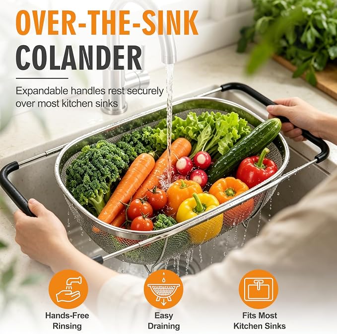 Palksky Over the Sink Colander, Stainless Steel Fine Mesh, 6 Quart 2 Pack | Expandable handles fit most sinks; fine mesh drains pasta, rice & produce - Image 3