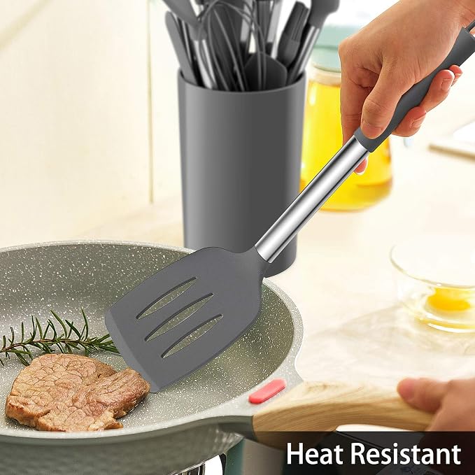 LIANYU 15-Piece Cooking Kitchen Utensils Set with Holder | Silicone Kitchen Tools Stainless Steel Handle, Slotted Spatula Spoon Turner Tong Whisk Brush for Cooking, Gray - Image 5