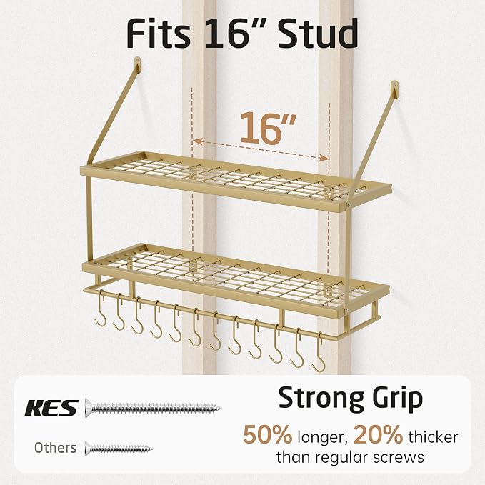 KES 30-Inch Gold Pot Rack Wall Mount, 2-Tier Hanging Pot and Pan Organizer | Organizer with 12 Sturdy Hooks, Elegant Modern Kitchen Wall Hanger Shelves, KUR215S75B-GD - Image 5