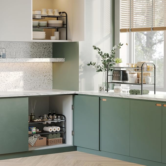 Under Sink Organizers and Storage,Expandable under cabinet organizer Shelf | 2 tier expandable shelf for kitchen,bathroom,6 Removable ABS Panels and 2 Baskets,Adjustable partition height,20.7-32.3" W - Image 7