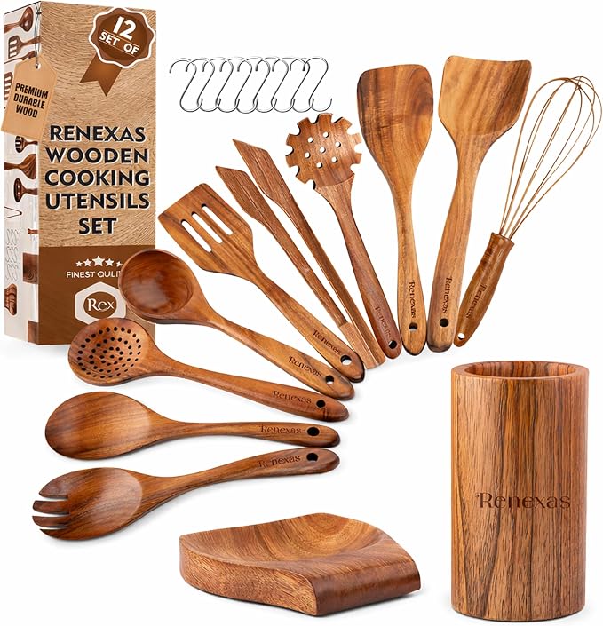 Kitchen Utensils Set, 12 Piece Teak Wooden Utensil Set for Cooking, Premium Teak Cooking Utensils, Non Toxic Wooden Spoons & Spatulas, Heat Resistant Kitchen Tools for Nonstick Cookware by Renexas