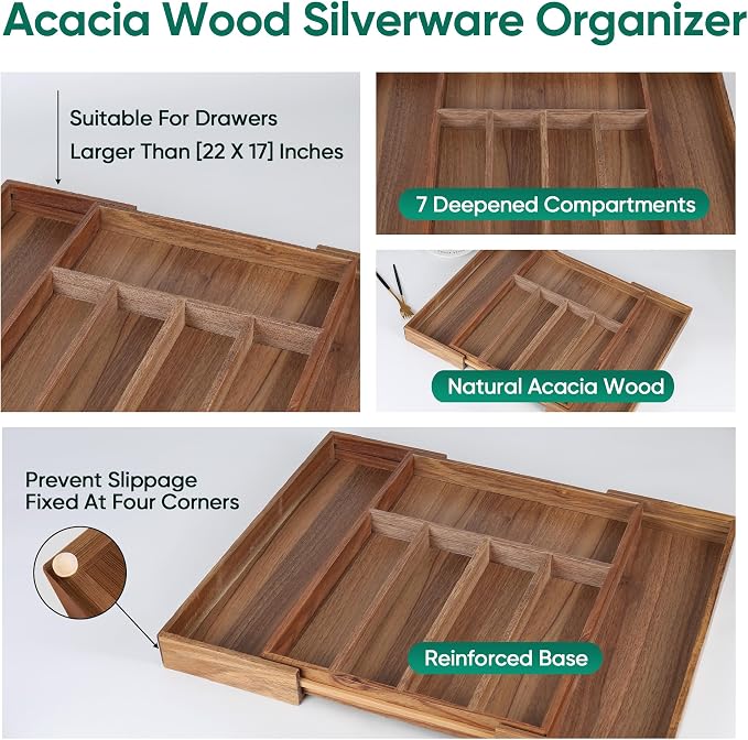Acacia Wood Silverware Organizer, 7-Compartment Expandable Drawer Tray | Expands from 13.11 to 21.65 in wide, 16.93 in deep, with 7 compartments, acacia wood construction, and anti-slip pads - Image 3