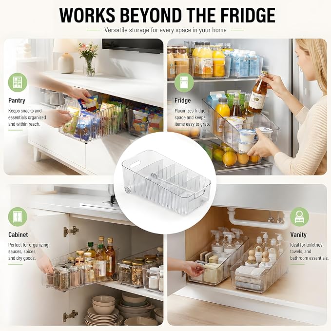 2 Pack Fridge Organizer Bins with Wheels, Clear Roll Out Refrigerator Drawers with Adjustable Dividers and Handles, PET Pantry Storage Bins for Drinks, Snacks, Cans and Cabinet - Image 8