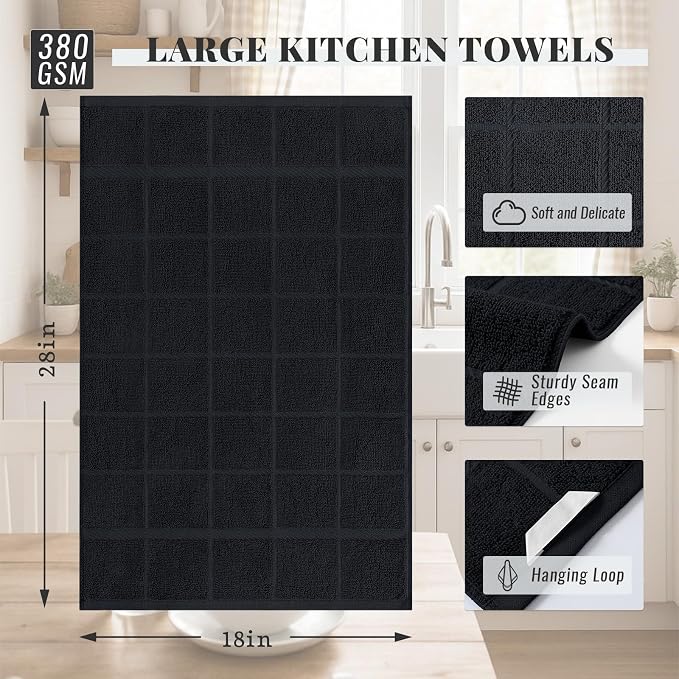 Homaxy 100% Cotton Kitchen Towels 18"x28", 6 Pack Dish Towels, Black | Large 380 GSM Soft and Absorbent Kitchen Hand Towels with Terry Grid Design, Utility Tea Towel Set with Hanging Loop - Image 2