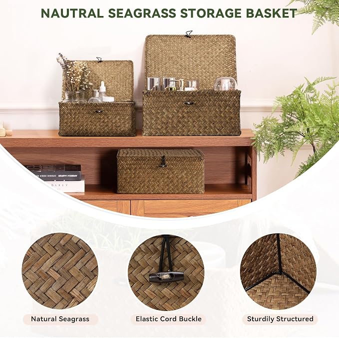 Nonam Seagrass Storage Baskets with Lid Set of 3,Wicker Basket Storage Bin for Shelves,Rectangular,Boho Decor,Handwoven Shelf Basket for Organizing-Storage Container Box for Home Organization-Coffee - Image 5
