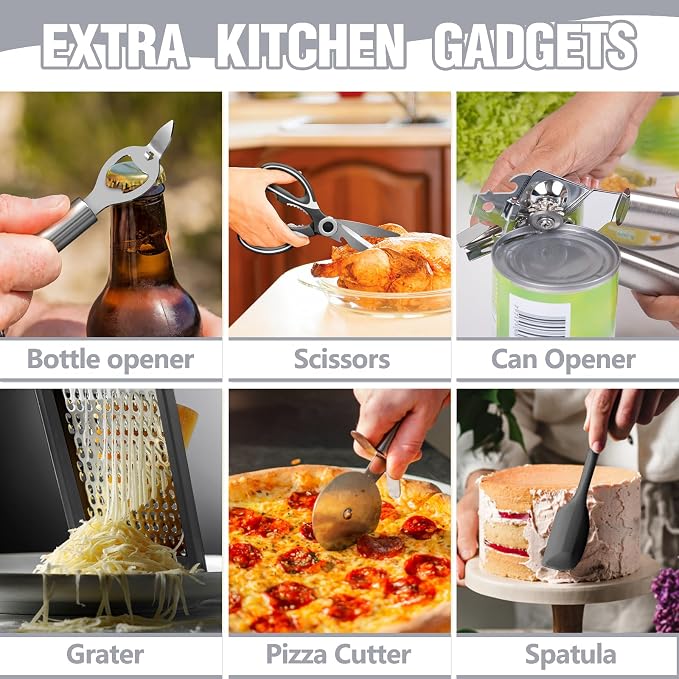 Umite Chef Silicone Kitchen Utensil Set, 34PCS Heat Resistant Kitchen Gadgets and Tools With Grater, Wood Handles for Nonstick Cookware (Dark Gray) - Image 4
