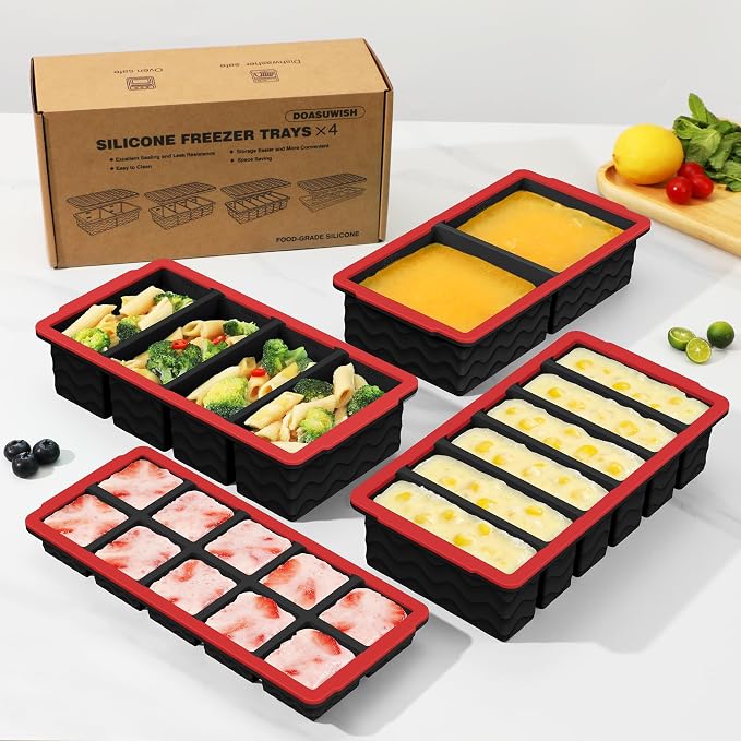 Silicone Freezer Trays with Lid (4-Pack), 1-Cup, 2-Cup, 1/2-Cup & 2-Tbsp Silicone Freezer Molds, Stackable Soup Freezer Meal Prep Containers,Ice Cube Tray for Making Sauce,Smoothies,Yogurt Bites - Image 8