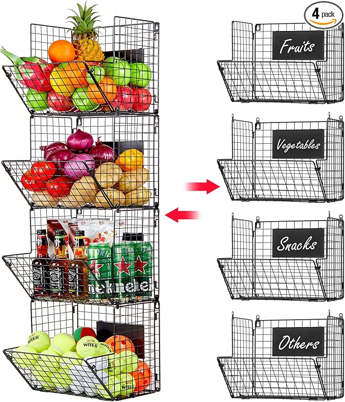 X-cosrack Metal Wire Basket Wall Mount, 4 Tier Extra Large Wall Storage Basket Organizer with Chalkboards, Kitchen Fruits and Vegetables Produce Bin Rack Toys Organizer Bathroom Tower Baskets (Black) by X-cosrack