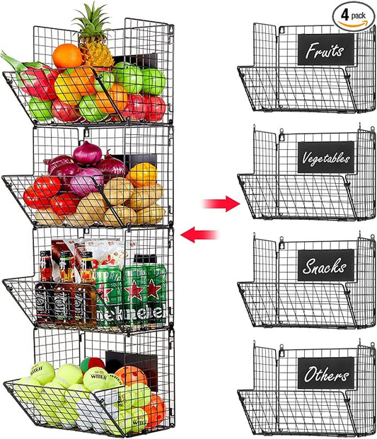 X-cosrack Metal Wire Basket Wall Mount, 4 Tier Extra Large Wall Storage Basket Organizer with Chalkboards, Kitchen Fruits and Vegetables Produce Bin Rack Toys Organizer Bathroom Tower Baskets (Black) by X-cosrack