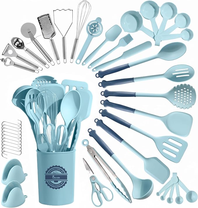 Kikcoin 43Pcs Large Kitchen Utensils Set - Silicone Cooking Utensils Set, Dishwasher Safe Spatula Set for Non-stick Cookware, 446°F Heat Resistant Kitchen Utensils Set with Holder BPA Free, Blue by Kikcoin