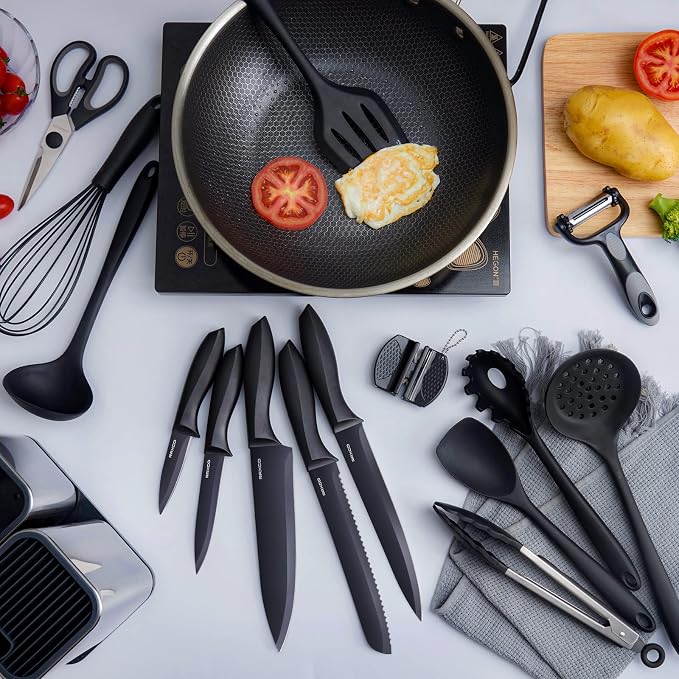 Kitchen Utensils Set,18-Piece Cooking Utensils and Knife Set,Black | Food-grade Silicone Heat-safe to 410°F, Detachable Stainless Steel Holder, 5 Kitchen Knives and Cutting Board All-in-one - Image 6