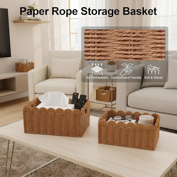 3 Pcs Scalloped Wicker Baskets, Hand-woven Storage Baskets with Built-in Handles, Paper Rope Shelf Baskets for Organizing and Decoration, Brown Basket - Image 5
