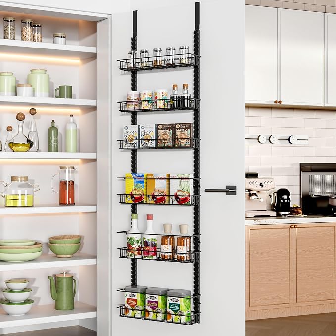 Churboro 6 Tier Over Door Pantry Organizer, 2-in-1 Adjustable Spice Rack | Metal Pantry Door Organizers and Storage, Hanging or Wall Mount Shelves with 9 Adjustable Baskets, 3 Safety Bars, Black by Churboro