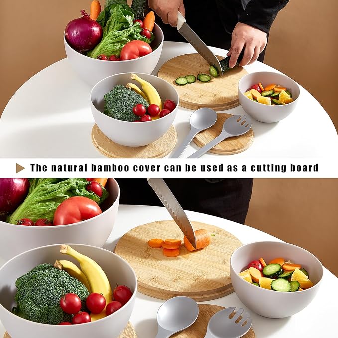 ECOWAY Salad Bowls Set of 3 with Lid & Serving Utensils, Bamboo Fiber Mixing Bowls Set Large Serving Bowls & Storage Set with Bamboo Lid for Salad, Kitchen Eating, Pasta, Popcorn, Chips, Fruit, Grey - Image 5