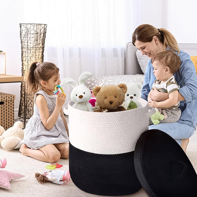 Large Storage Basket with Lid 60L, 16"Wx18"H Woven Laundry Hamper Basket with Handle, Room Decor Cotton Rope Wicker Basket Toy Organizer Bins for Clothes Blankets Pillows, Black/White Mix includes Lid - Image 3
