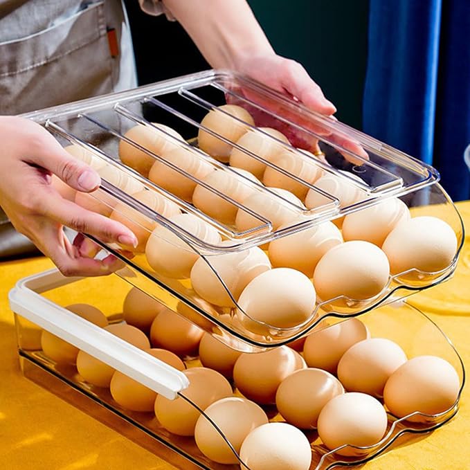 Kitchen Rolling Egg Container for Refrigerator with Lid, Plastic Egg Holder for Refrigerator, Egg Tray for Refrigerator or Fridge Organizer - Pack of 2 Clear - Image 3