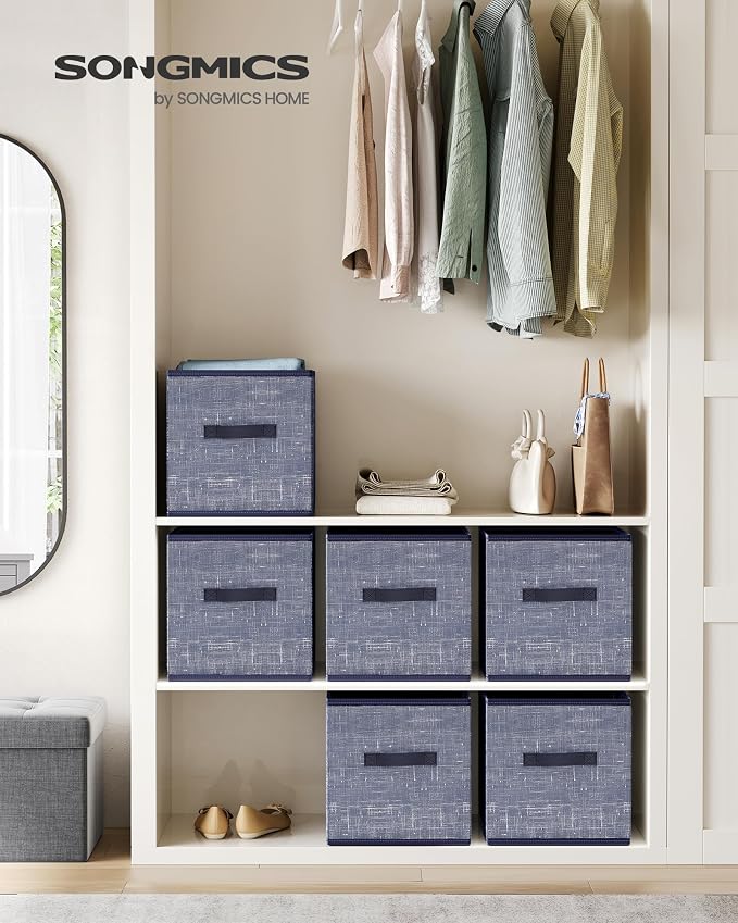 SONGMICS Storage Cubes, 11.8-Inch Non-Woven Fabric Bins with Double Handles, Set of 6, Closet Organizers for Shelves, Foldable, for Clothes, Misty Blue UROB030I01 - Image 2