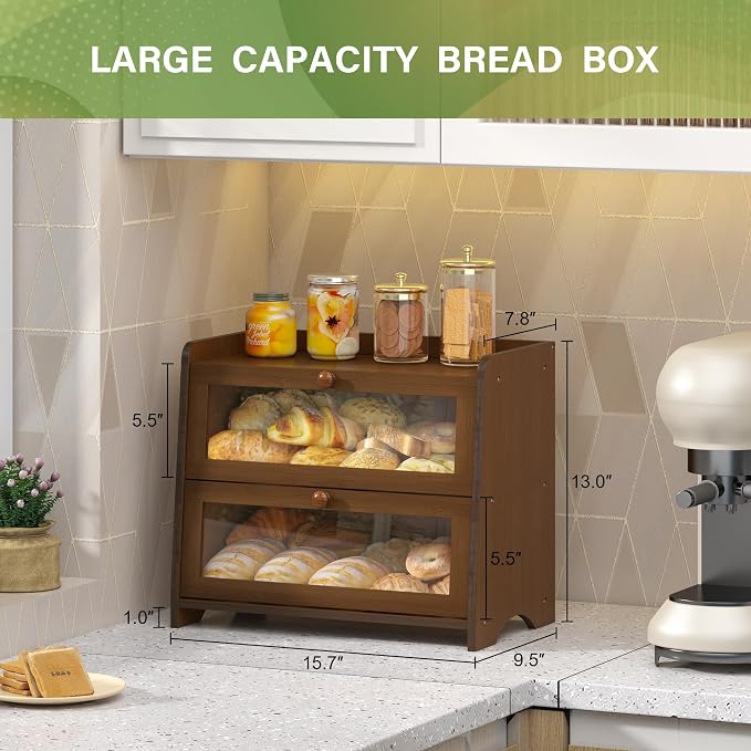 Double Layer Bread Box Container for Kitchen Countertop Homemade Bread | Large Breadbox Storage Wooden Farmhouse Bread Holder (Brown, Medim-15.7" L x 9.5" W x 13" H) - Image 2