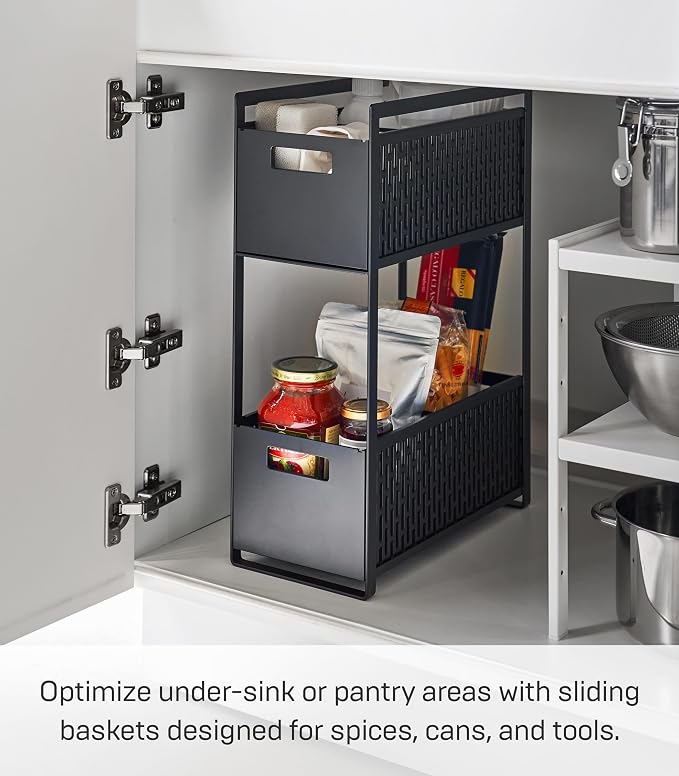 YAMAZAKI Home 2-Tier Storage Basket, Under-Sink Storage, ABS Plastic, Black | Two-tier sliding baskets organizer rack designed for pantry or under-sink storage. Sturdy organization. - Image 2