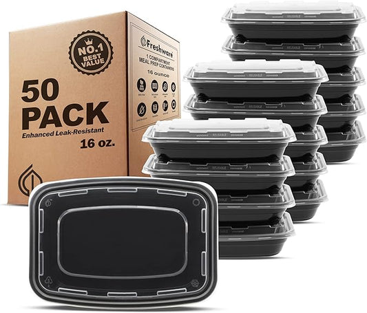 Freshware Meal Prep Containers, 1 Compartment Food Storage Containers with Lids, Bento Box, BPA Free, Stackable, Microwave/Dishwasher/Freezer Safe, 16OZ-50PK (Pack of 6) by Freshware