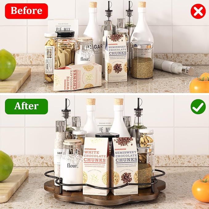 12" Lazy Susan Turntable Organizer,Round Wooden Lazy Susan Organization and Rotating Spice Rack for Dining Table,Pantry,Kitchen Countertop,Vanity,Cupboard and More.Vintage Wood(Petal Shape) - Image 2