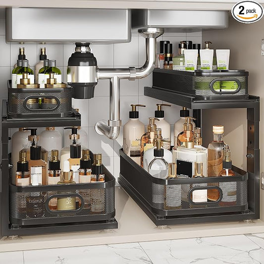 2 Pack 18.5IN-Depth Under Sink Organizer With Next-Gen Ball-Bearing Slides,2-Tier Precision Mesh Pull Out Cabinet Storage for Bathroom&Kitchen,Height Adjustable Drawers Shelf,Anti-rust-Black by Corbyles
