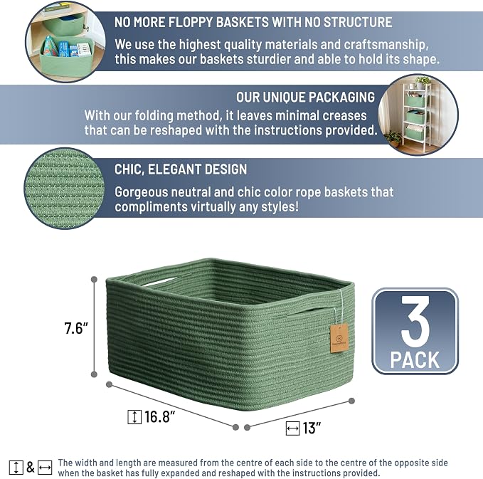NaturalCozy Storage Baskets 16.8”x13”x7.6” Cotton Rope Woven Baskets for Organizing 3-Pack | Toy Storage Bins | Basket for Shelves, Laundry, Blanket, Clothes, Closet, Kitchen, Bathroom, Gifts - Image 2