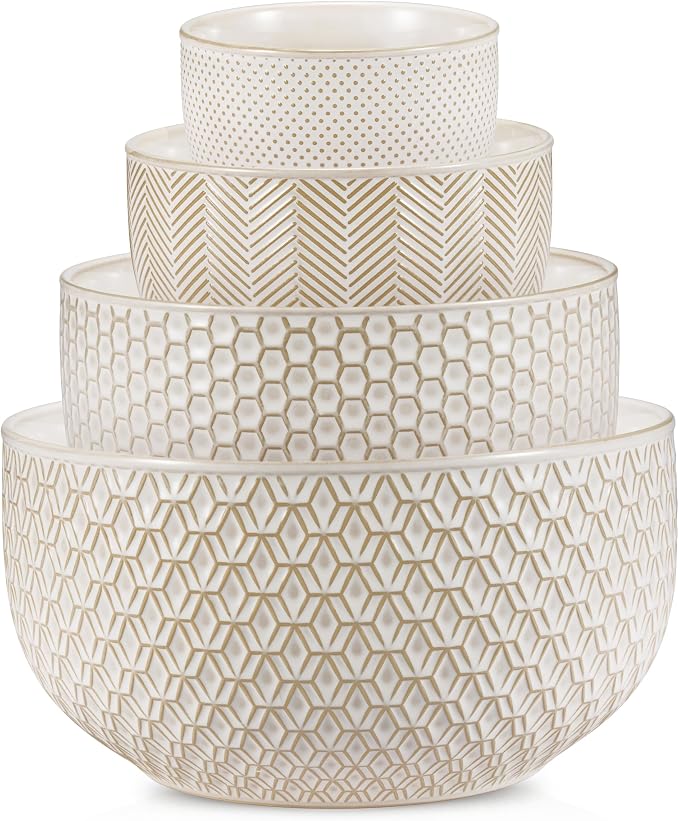KooK Ceramic Mixing Bowls, Nesting Set of 4, Embossed Kitchen Dishware, Prep, Serving, Gift, Microwave and Dishwasher Safe, 20/44/98/145 oz, Narbonne Collection (Ivory) by Kook