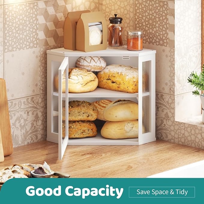 White Corner Bread Box, Bamboo Bread Box for Kitchen Countertop, 2 Tier Wooden Bread Storage, Solid Bamboo Wood - Image 4