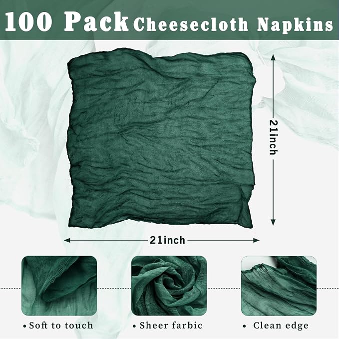 100 Pack Emerald Green Cheesecloth Napkins Washable 21x21 Inches Emerald Green Cloth Napkins for Wedding Set of 100 Dinner Table Napkins Bridal Baby Shower Rustic Boho Cotton Gauze Party Table Decor - Image 3