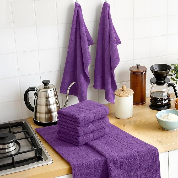 Homaxy 100% Cotton Kitchen Towels 18"x28", 4 Pack Dish Towels, Purple | Large 380 GSM Soft and Absorbent Kitchen Hand Towels with Terry Grid Design, Utility Tea Towel Set with Hanging Loop - Image 8