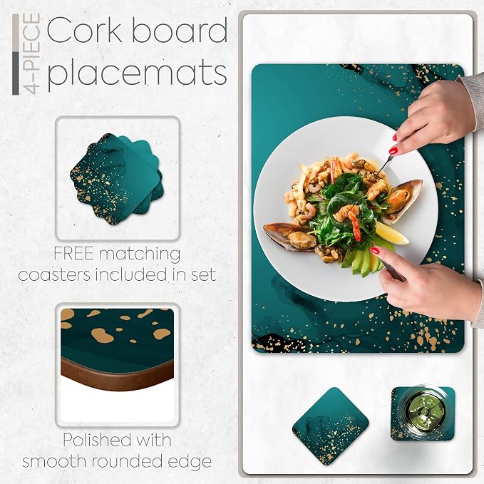 Set of 4 Heat Resistant Cork Placemats for Dining Table with Free Set of 4 Matching Drink Coasters Deep Green and Gold Design 16 x 12 Inches Cork Backed Hard Placemats (Green Serenity) - Image 4