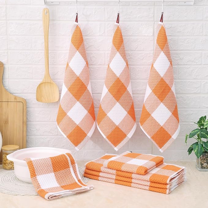Homaxy Kitchen Towels and Dishcloths Set, Set of 8, White & Orange | Bulk Cotton Waffle Weave Check Plaid Kitchen Towels, Super Soft and Absorbent Dish Cloths, 12 x 12 and 13 x 28 Inches - Image 6