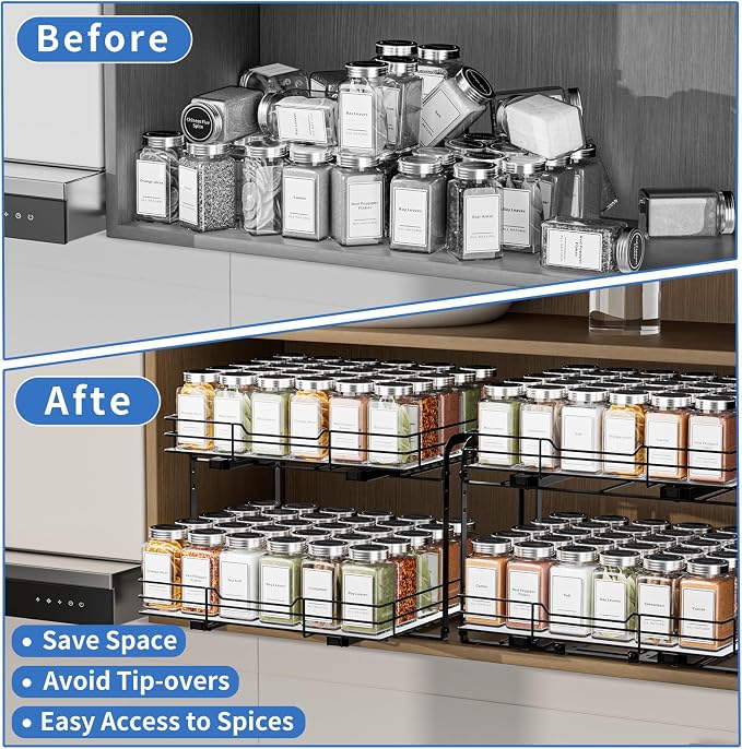 BOIVSHI 2-Tier Pull Out Spice Rack, Spice Rack Organizer, Pull Out Spice Racks for Inside Cabinets, Height Adjustable Heavy Duty Metal Basket for Inside Cabinet & Pantry (13.5''Wx10.5''Dx9.5''H) - Image 3