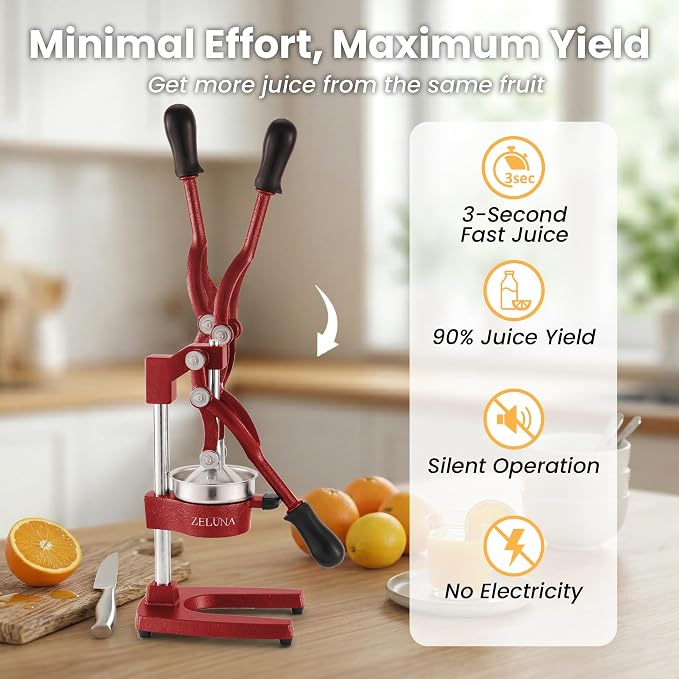 Cast Iron Manual Hand Press Juicer for Citrus & Pomegranate,Deep Red | Stainless Steel Heavy Duty Squeezer,Easy to Clean,Effortless Lever-Press Design,For Home Cooks,Health Enthusiasts,Bartenders - Image 3