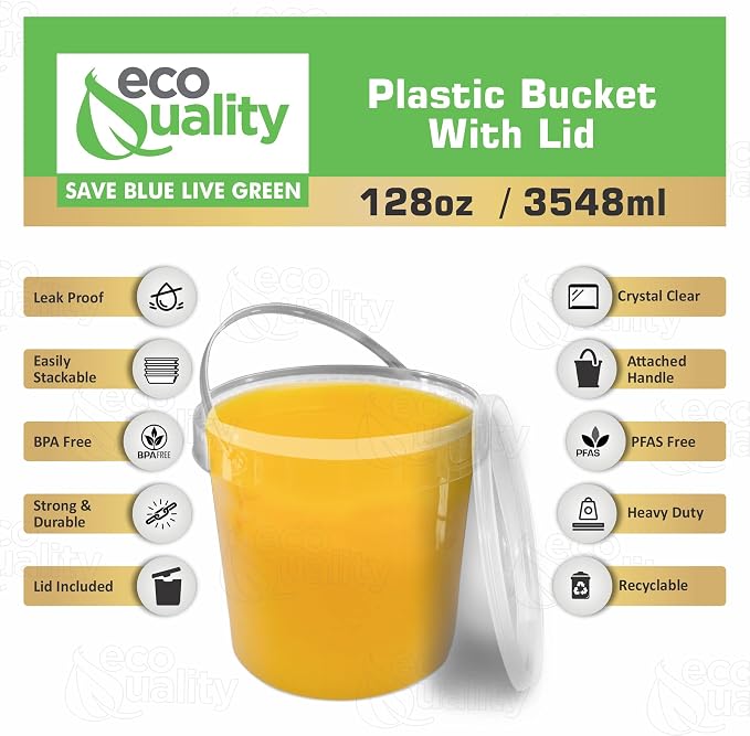 1 Gallon (128 oz) Clear Plastic Bucket with Lid and Handle (10 Pack), Ice Cream Tub with Lids - Food Grade Freezer and Microwave Safe Food Storage Containers, Round Plastic Pail Container, BPA Free - Image 2
