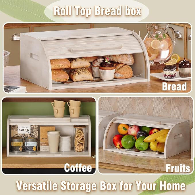 Trironsun Bamboo Roll Top Bread Box for Kitchen Countertop Large Capacity Bread Storage Bin Wooden Bread Storage Organizer Natural Breadbox for Food Storage (Antique white) - Image 9