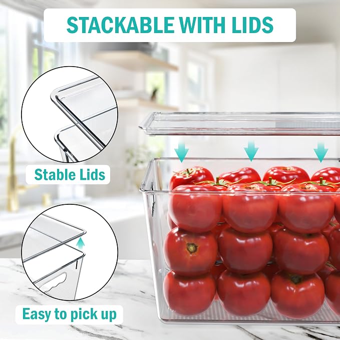 YAN & HIN 4 Pack Clear Storage Bins with Lids, Stackable Plastic Organizer Bins with Handles, Pantry Organizers and Storage for Kitchen Cabinet, Fridge, Bathroom, Closet and Shelf Organization - Image 2
