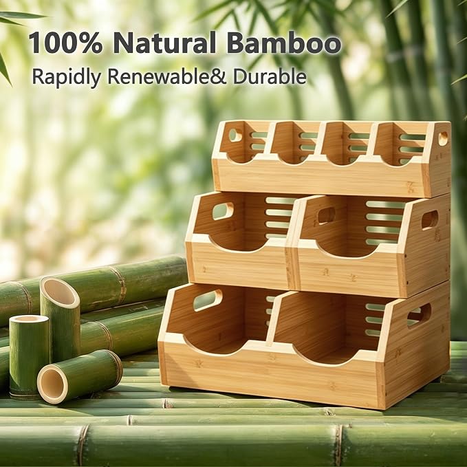 Upgraded 3-Tier Bamboo Pantry Storage Bins, Ventilated Stackable Potato & Onion Organizer w/ Spice Tray & 3 Veggies Baskets for Kitchen, Pantry, Bathroom & Living Room - Image 3