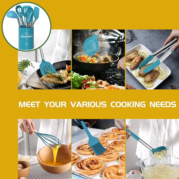 15 Pcs Silicone Cooking Utensils Kitchen Utensil Set - Umite Chef 446°F Heat Resistant Stainless Steel Handles Kitchen Gadgets Tools Set for Nonstick Cookware(Blue) - Image 4